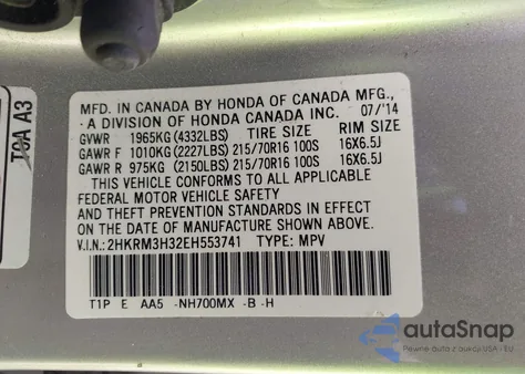 2014 Honda Cr-V Lx z USA, uszkodzony, nr VIN 2HKRM3H32EH553741